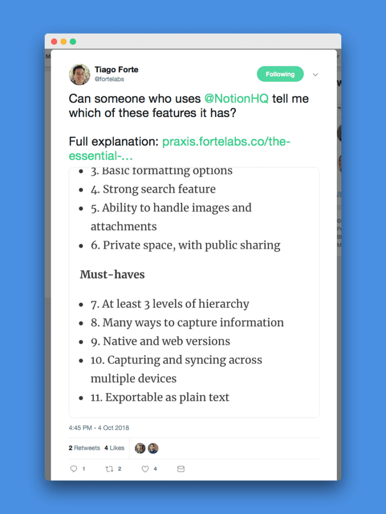 Tiago tweets for help evaluating Notion based on his criteria