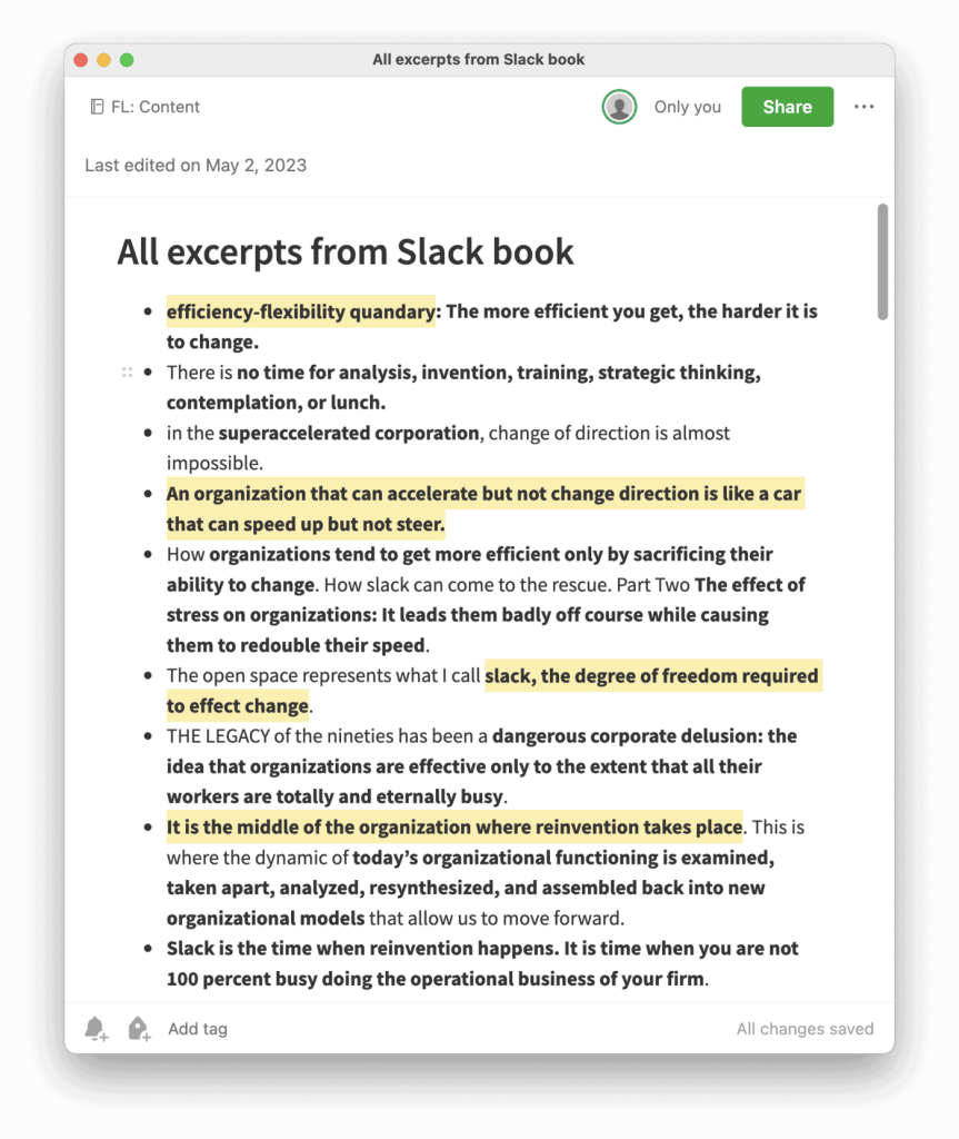 Note with all excerpts from the book Slack