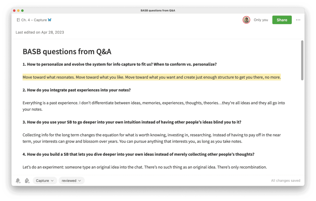 Note with BASB questions from Q&A
