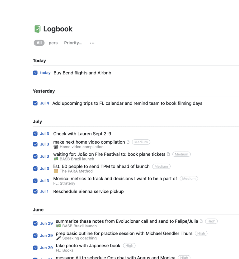 A screenshot of Tiago's logbook in Things