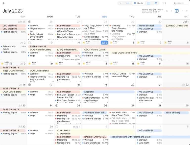 A screenshot of Tiago's calendar