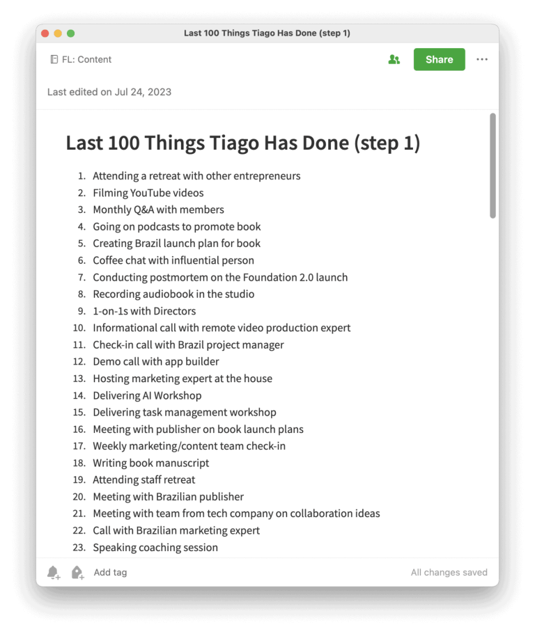 A screenshot of Tiago's Last 100 Things note in Evernote