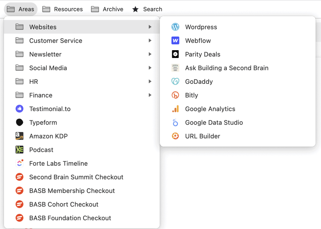 Area Folder in the Bookmark Bar